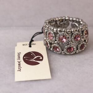 Stony Silver Tone Stretch Ring Pink Crystal Statement, NWT